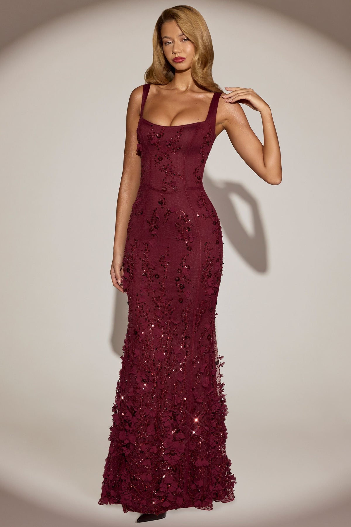 Embellished Appliqué Soft-Scoop Corset Gown in Wine Red