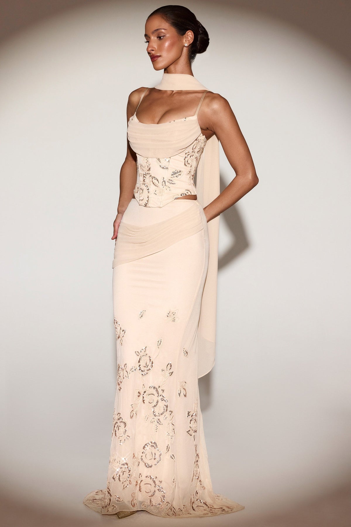 Embellished Draped Mid-Rise Gown Skirt in Gold