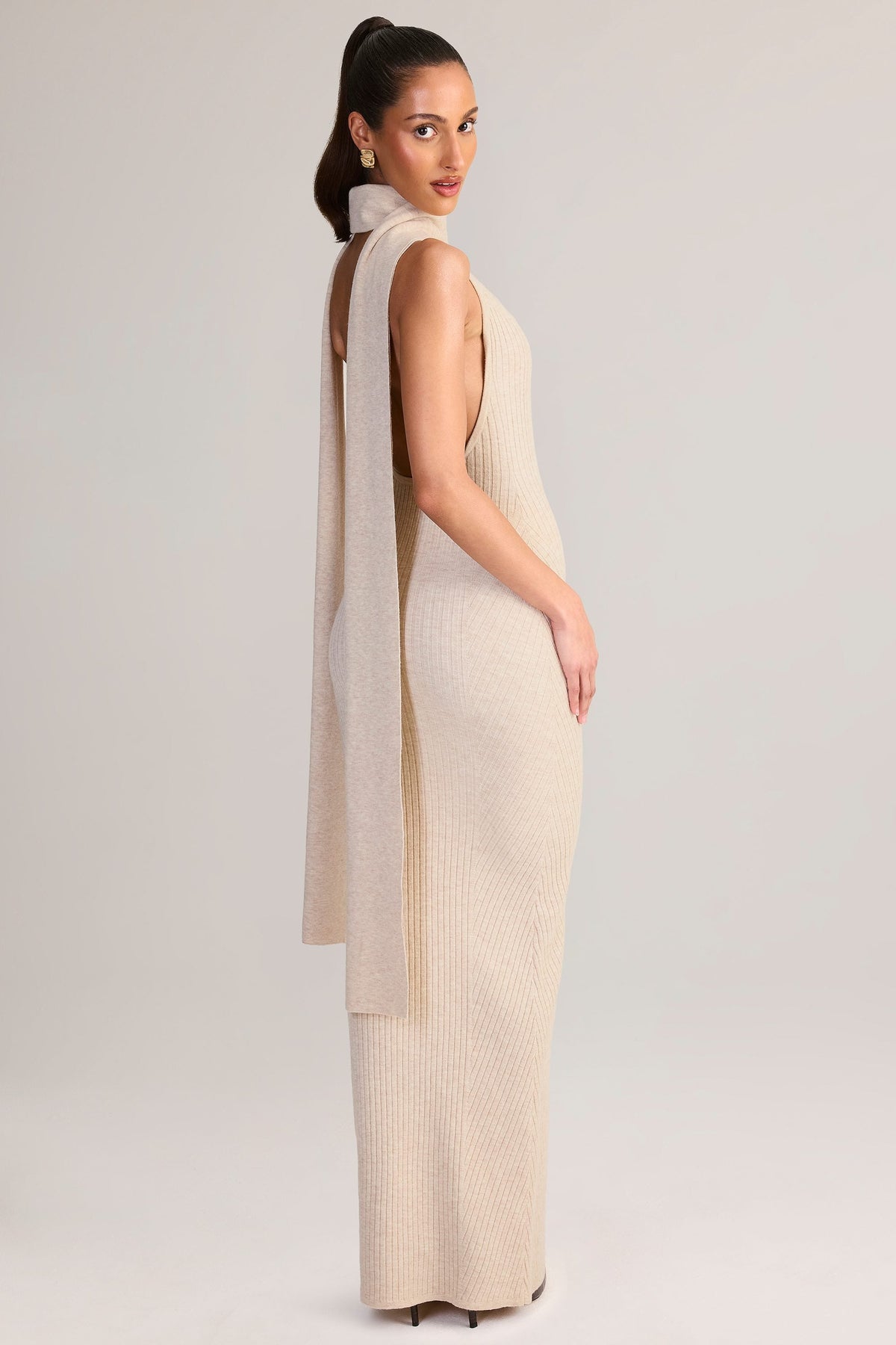 Rib-Knit Scarf-Detail Halterneck Maxi Dress in Cream