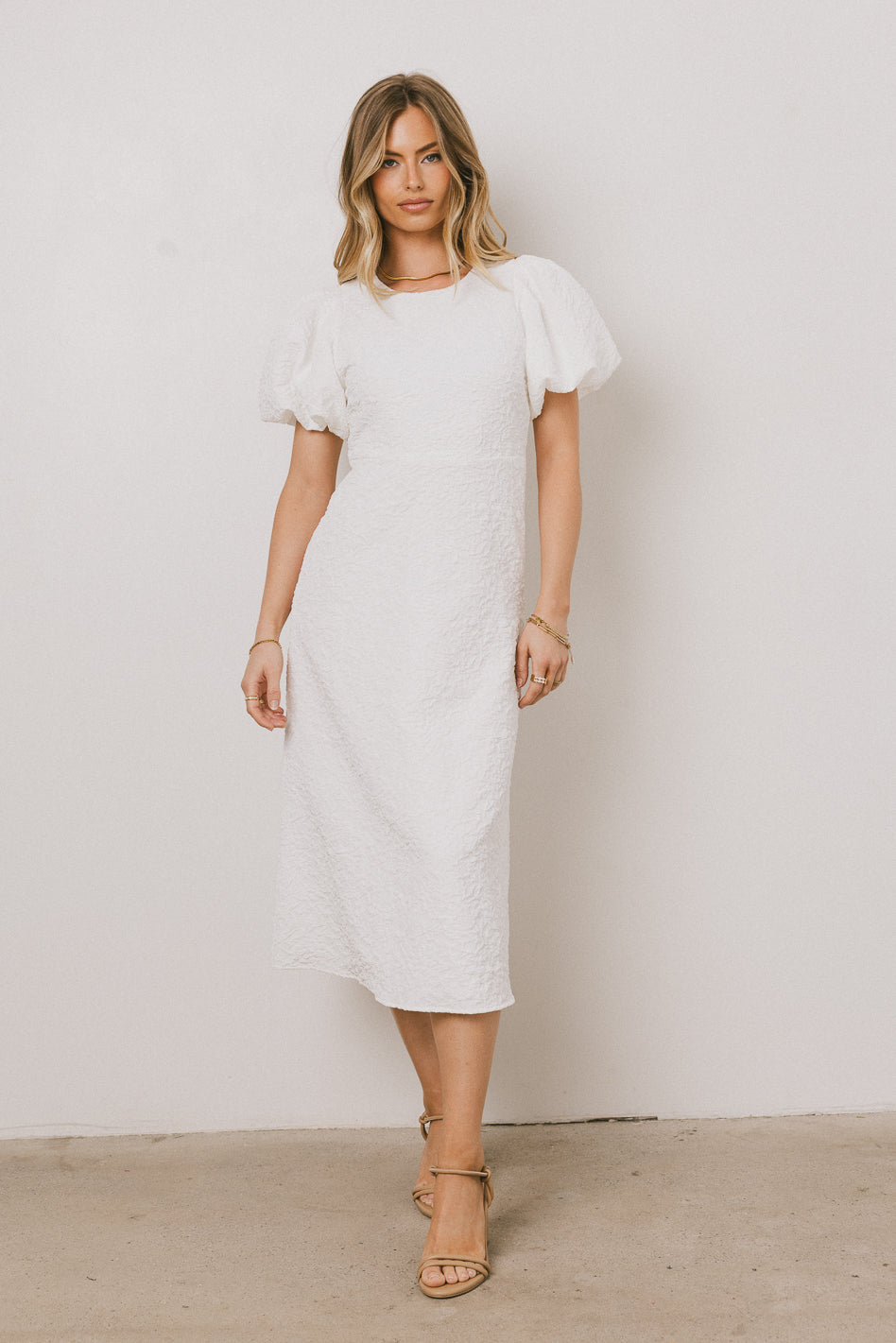Henry Textured Midi Dress in White - FINAL SALE