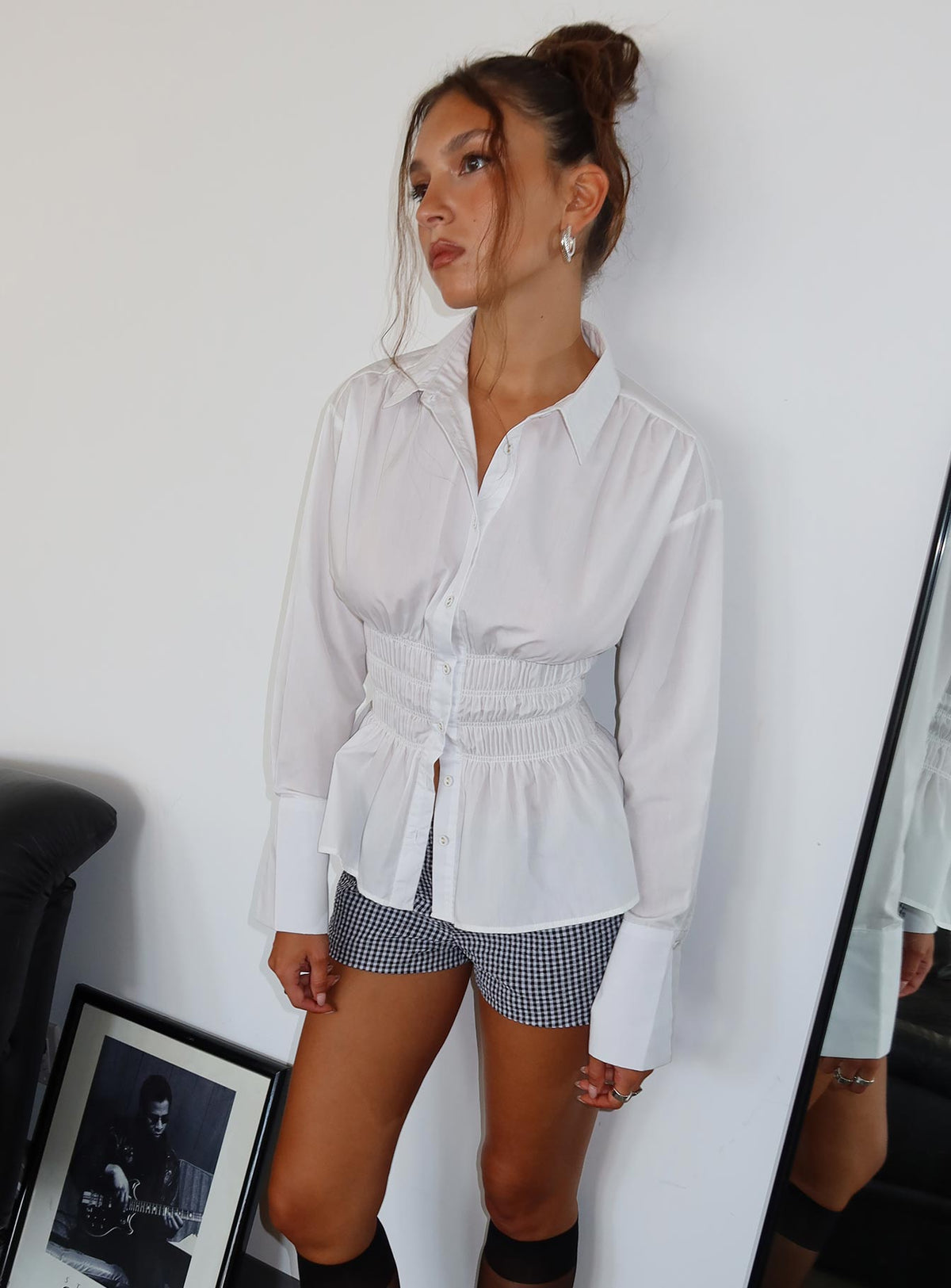 As You Are Shirred Button Up Top White