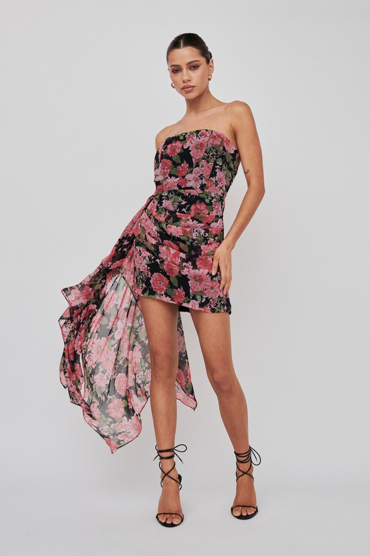 Midnight Sun Strapless Waist Sash Mini Dress Floral Black