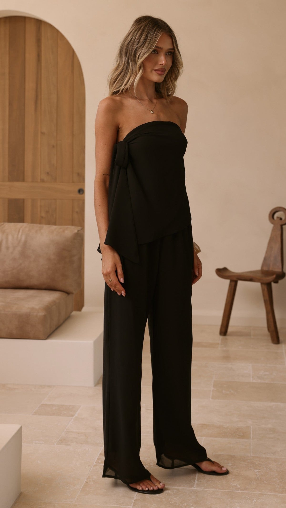 Zabrina Semi Sheer Strapless Top and Pants Set - Black