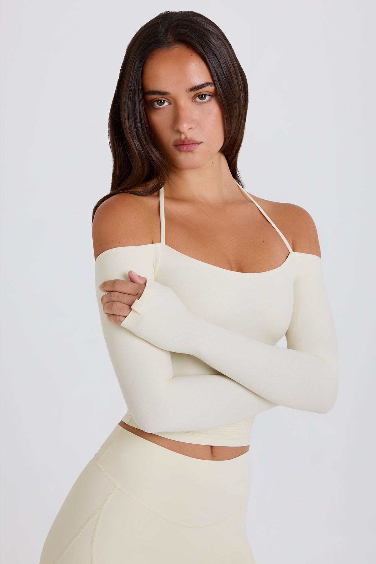 Soft Jersey Off-Shoulder Halterneck Longline Top in Cream
