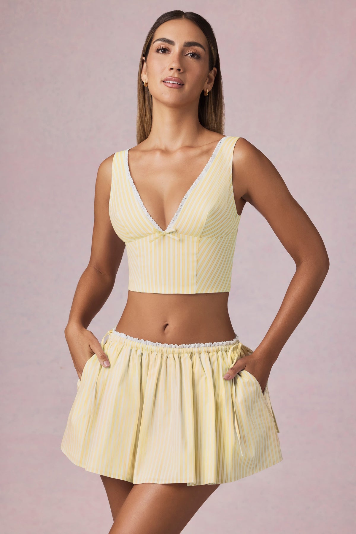 Ruched Drawstring Mini Skirt in Lemon Yellow Stripe