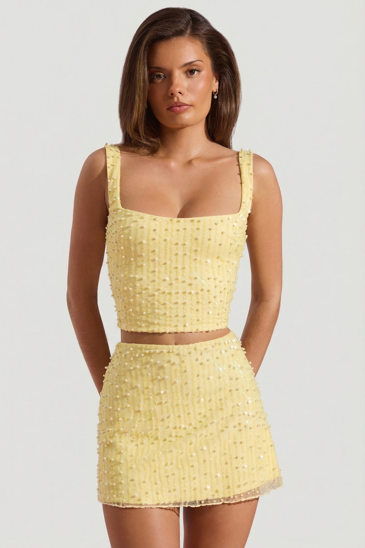 Embellished Square-Neck Crop Top in Yellow
