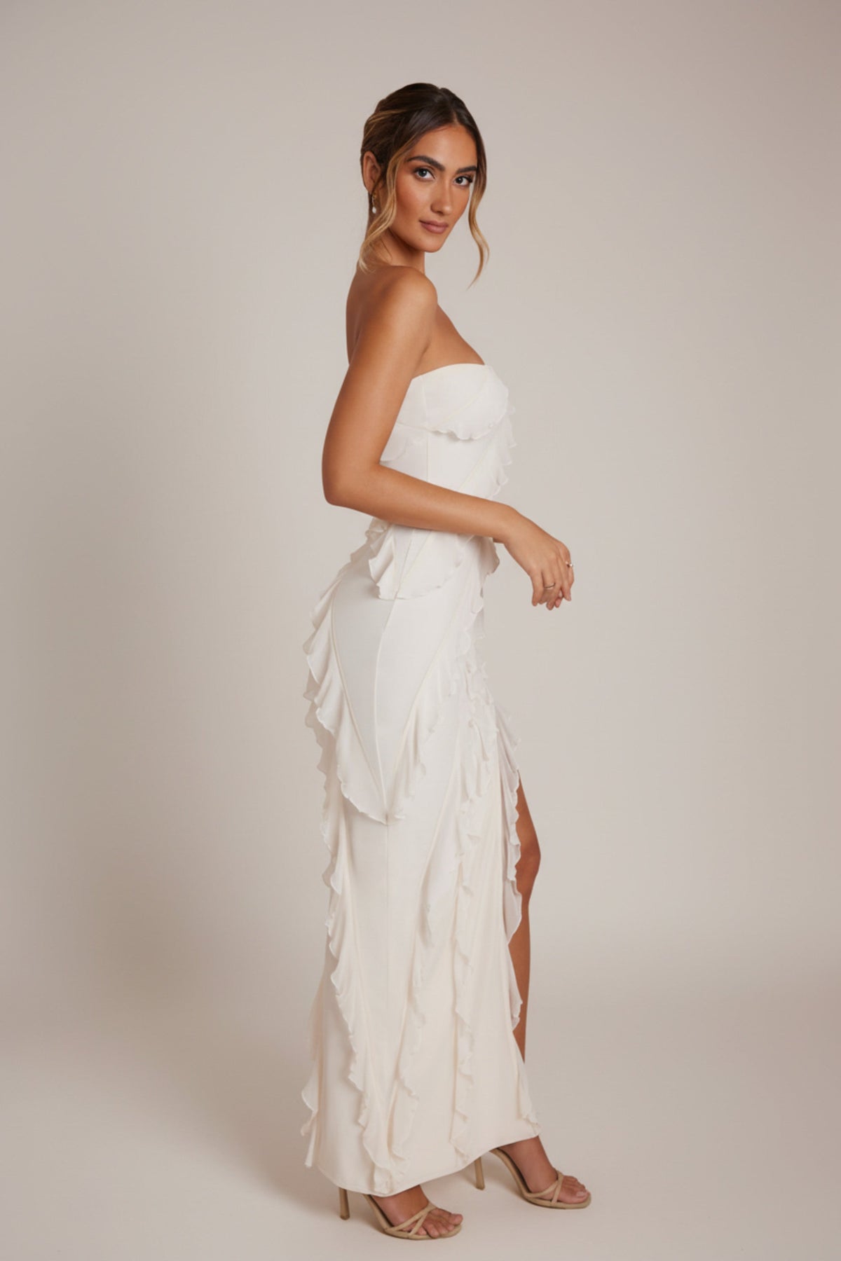 Bandeau Ruffle Detail Maxi Dress in Ivory