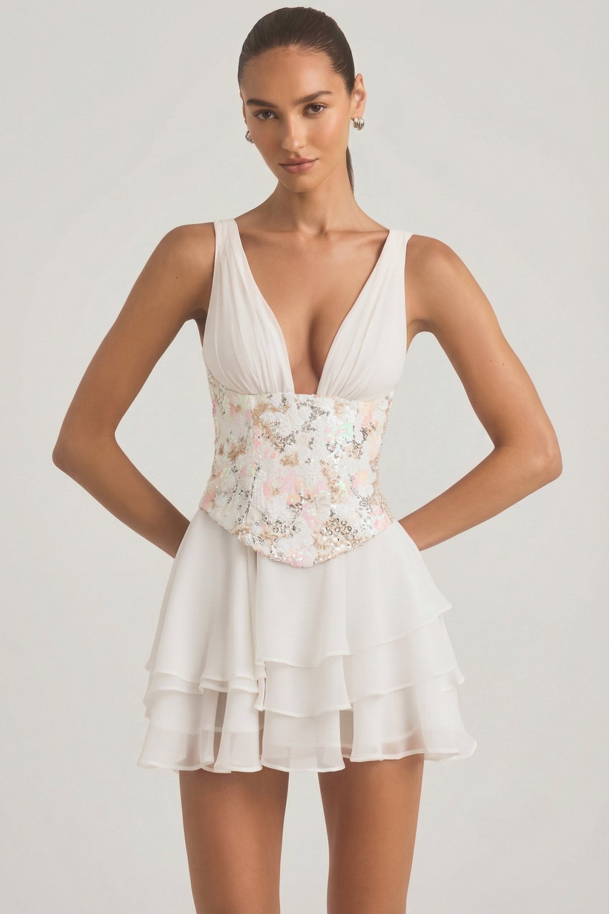 Embellished Ruffled Corset Mini Dress in Ivory