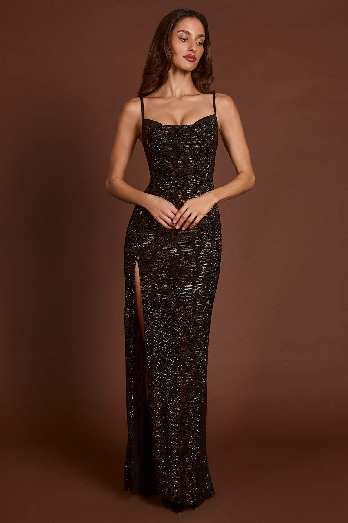 Embellished Peekaboo Cowl-Neck Dress in Brown Snake