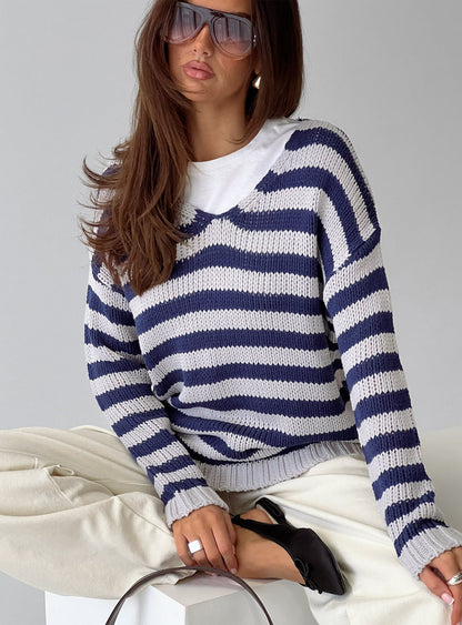 Drayven V Neck Knit Sweater Blue Stripe