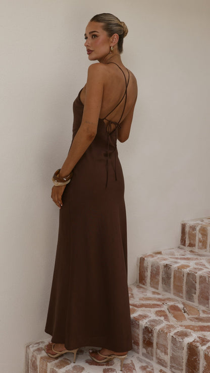 Chiara Linen Maxi Dress - Chocolate