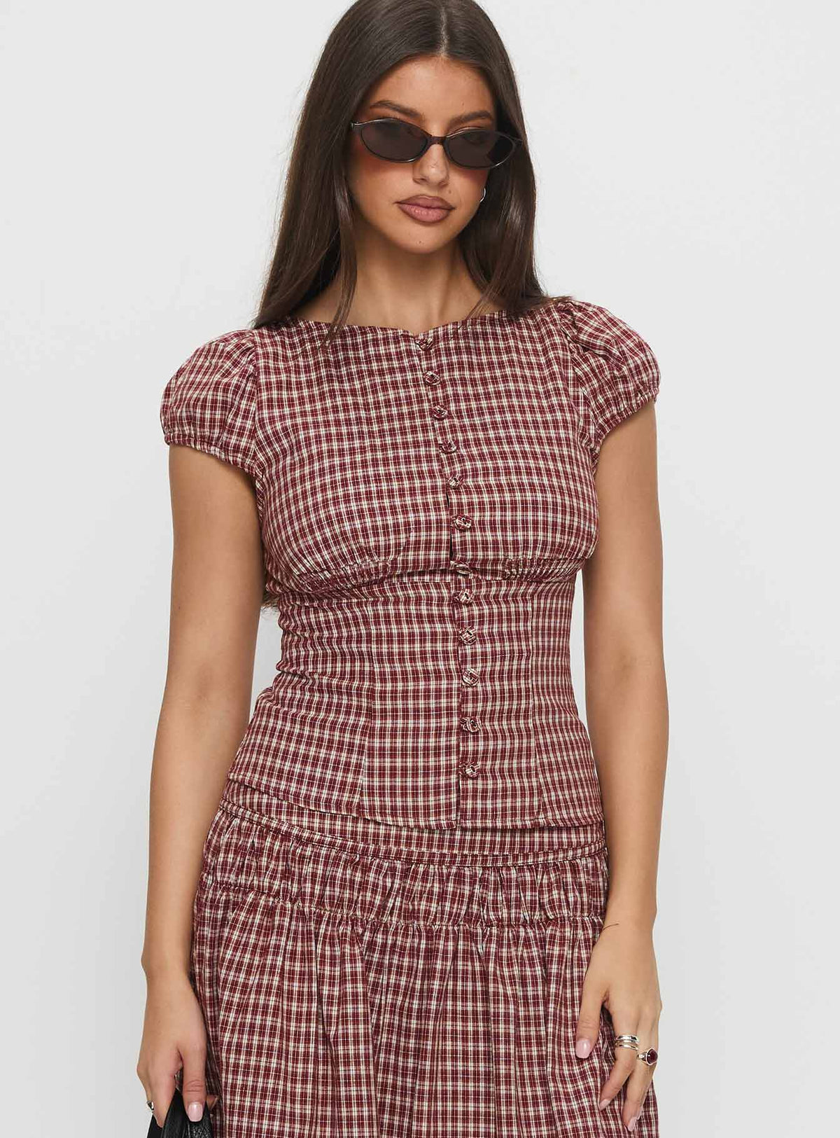 Alixandra Puff Sleeve Blouse Top Red Check