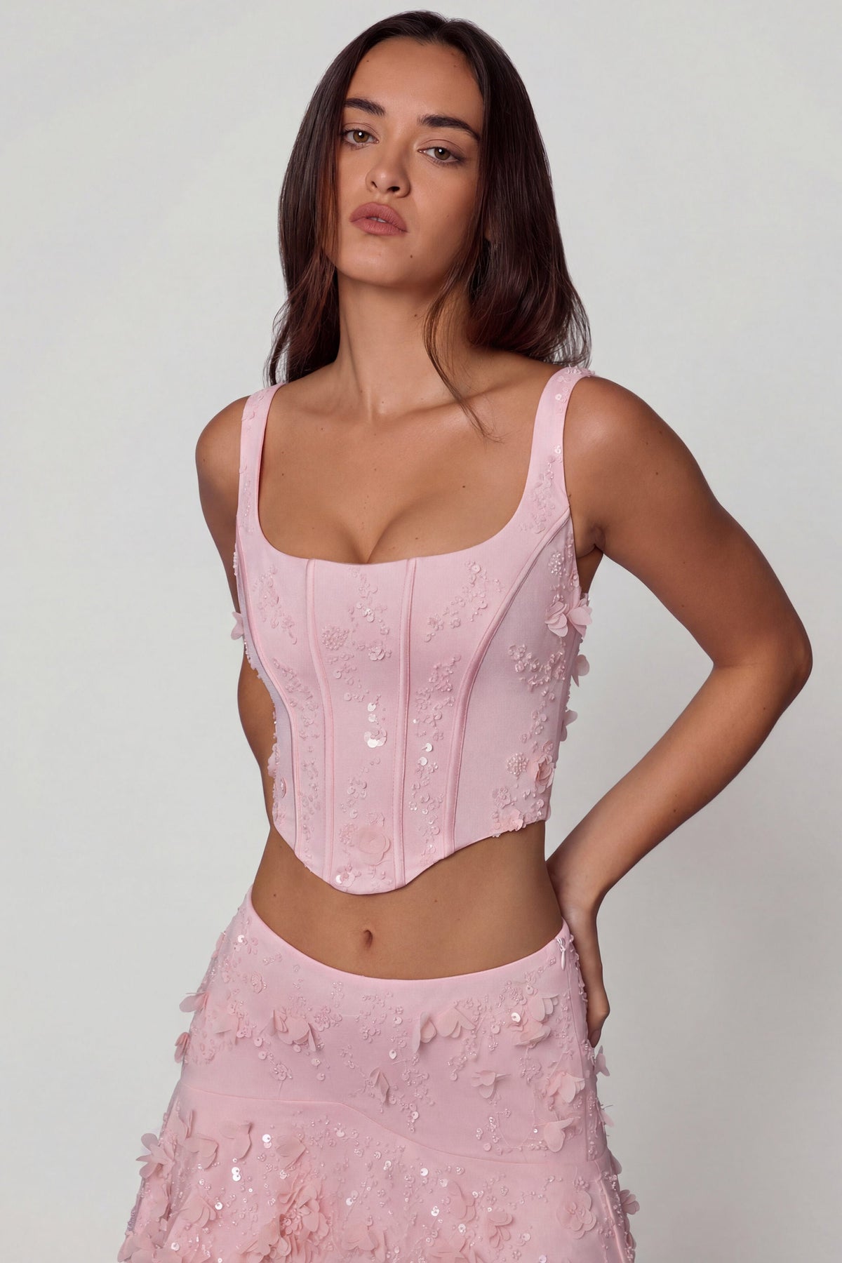 Embellished Lace-Up Corset Top in Soft Pink