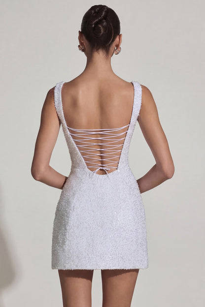 Embellished Structured A-Line Mini Dress in White