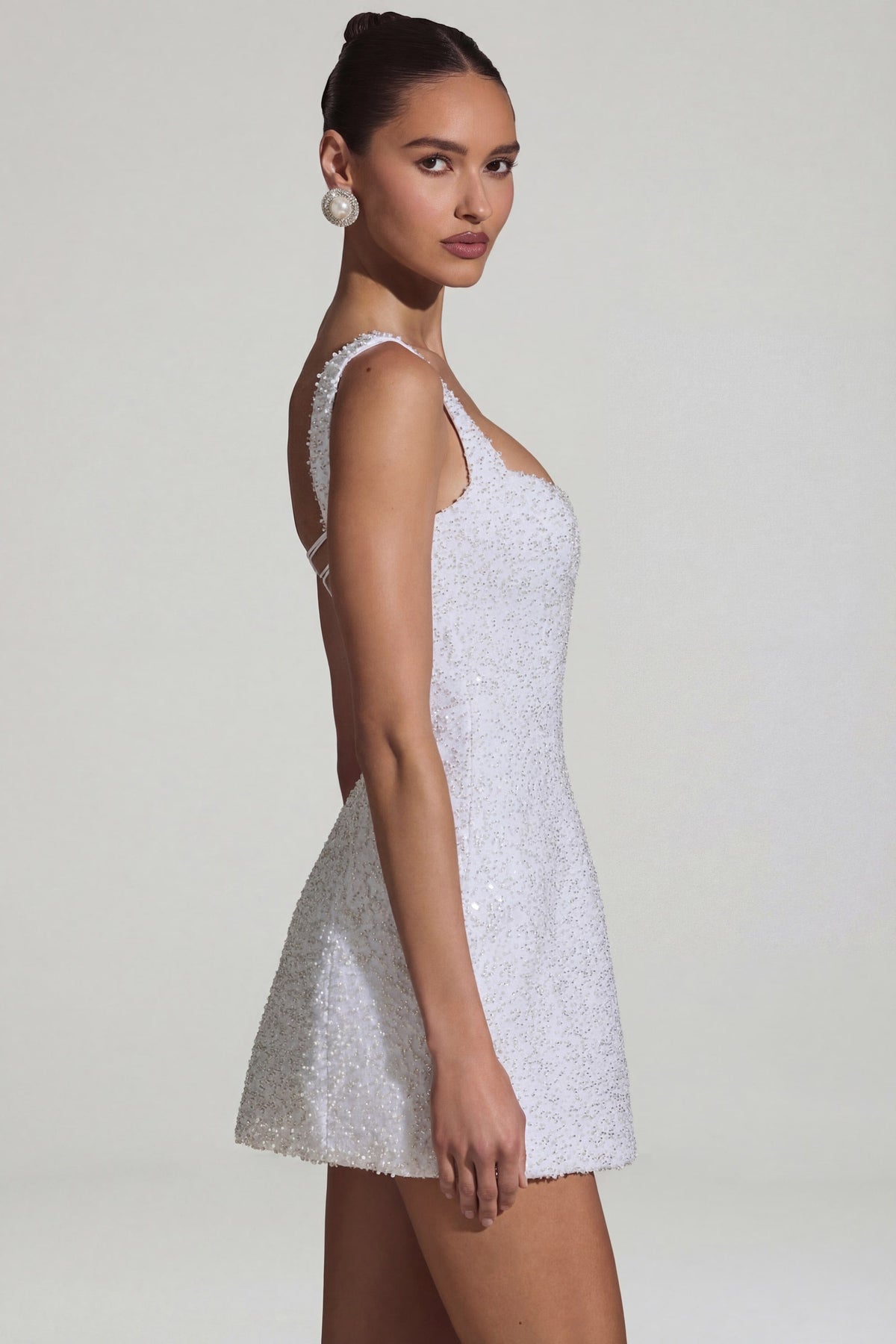 Embellished Structured A-Line Mini Dress in White