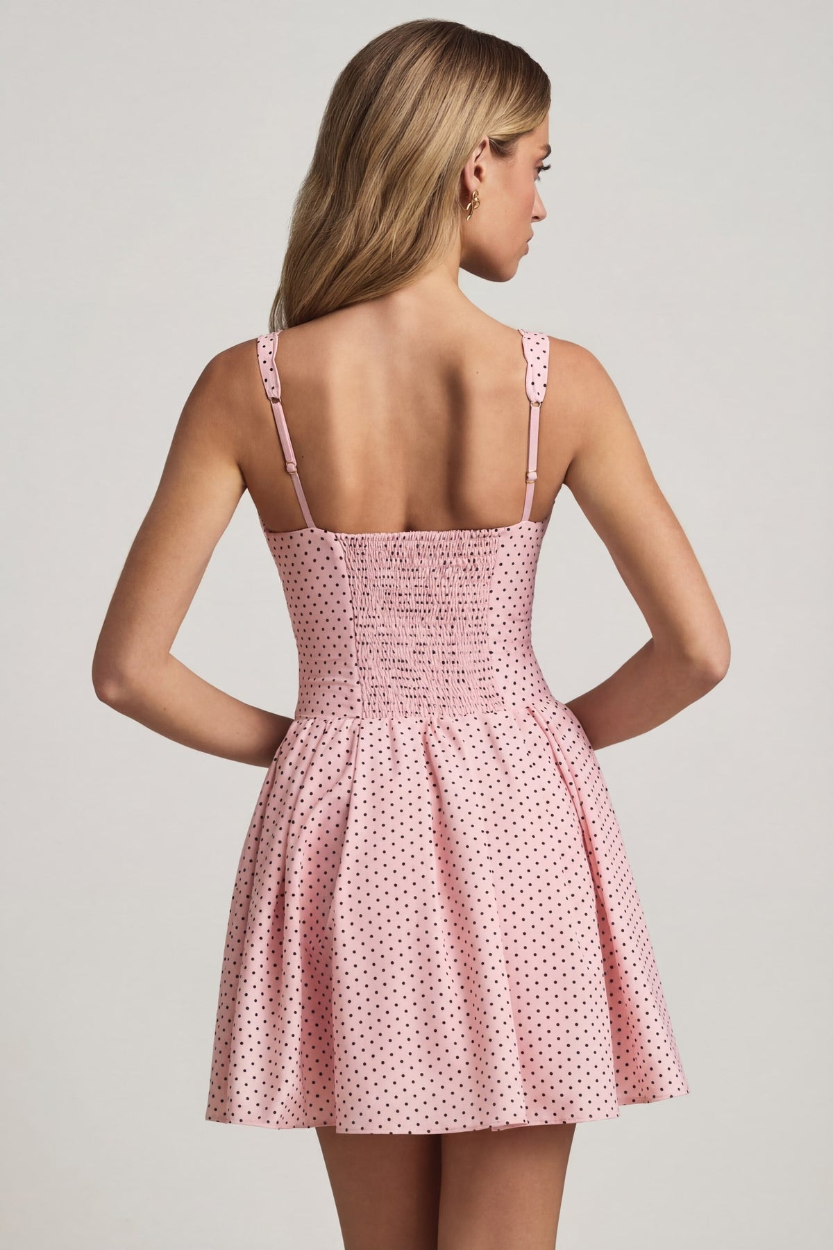 Bow-Detail A-Line Mini Dress in Pink Polka Dot