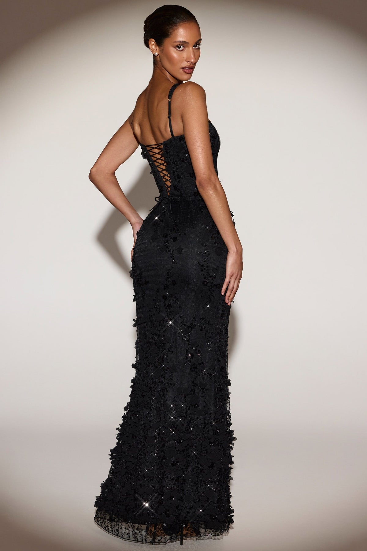 Embellished Appliqué Soft-Scoop Corset Gown in Black