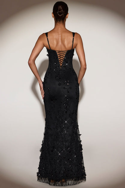 Embellished Appliqué Soft-Scoop Corset Gown in Black