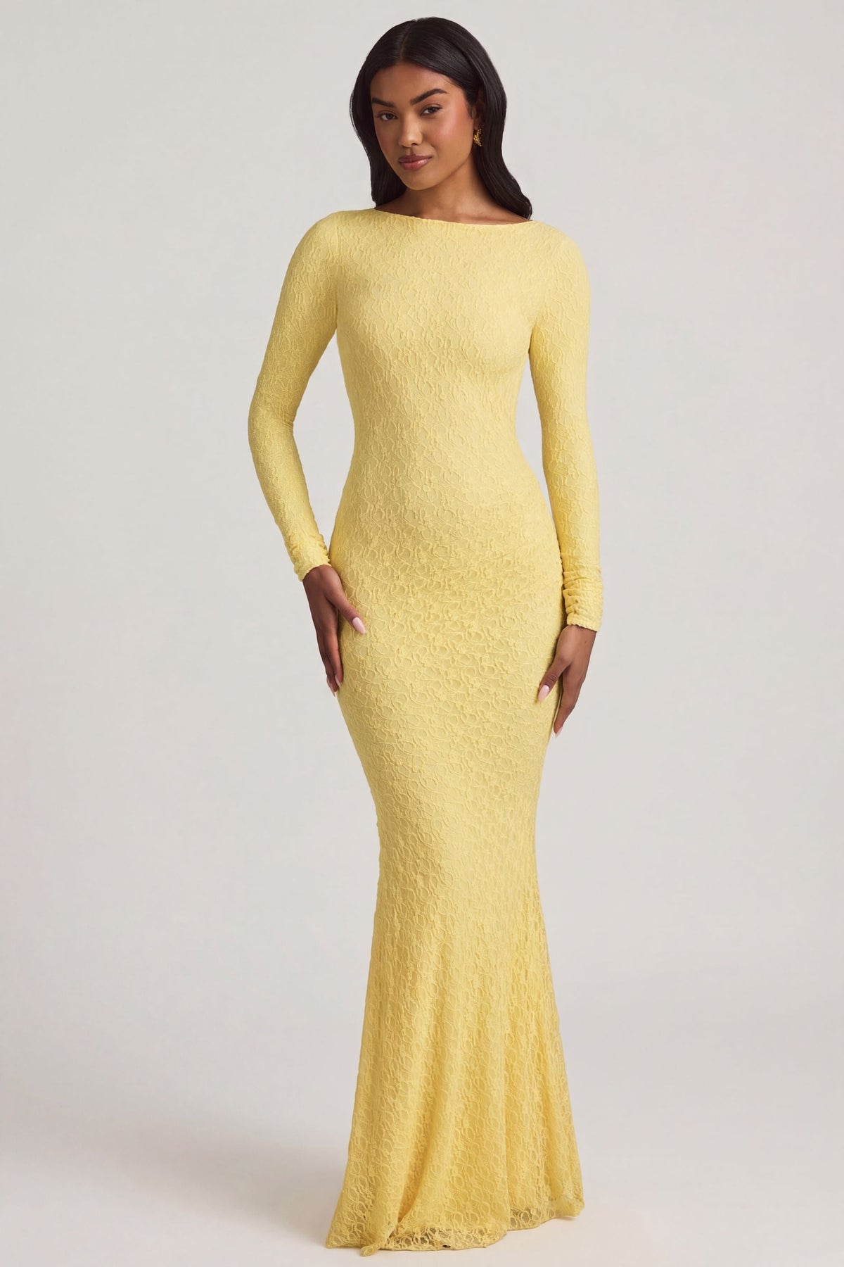 Ruched Backless Lace Maxi Dress in Pastel Yellow
