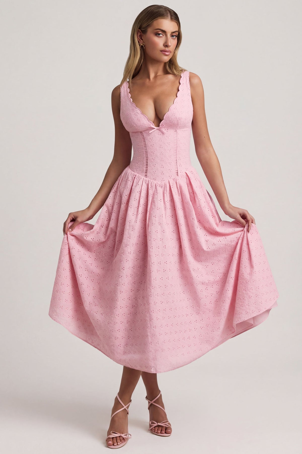 Broderie Anglaise Bow-Detail A-Line Midaxi Dress in Soft Pink