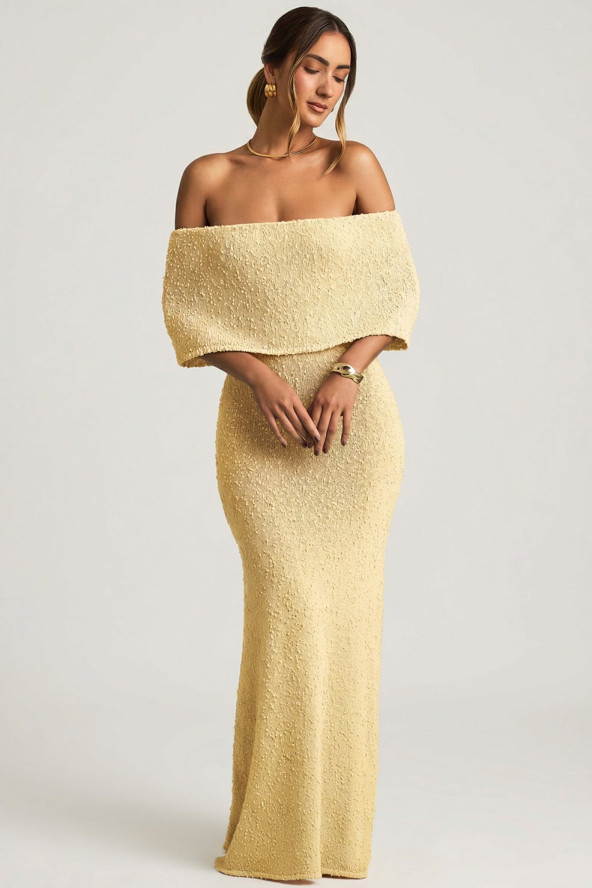 Bouclé Off-Shoulder Maxi Dress in Yellow