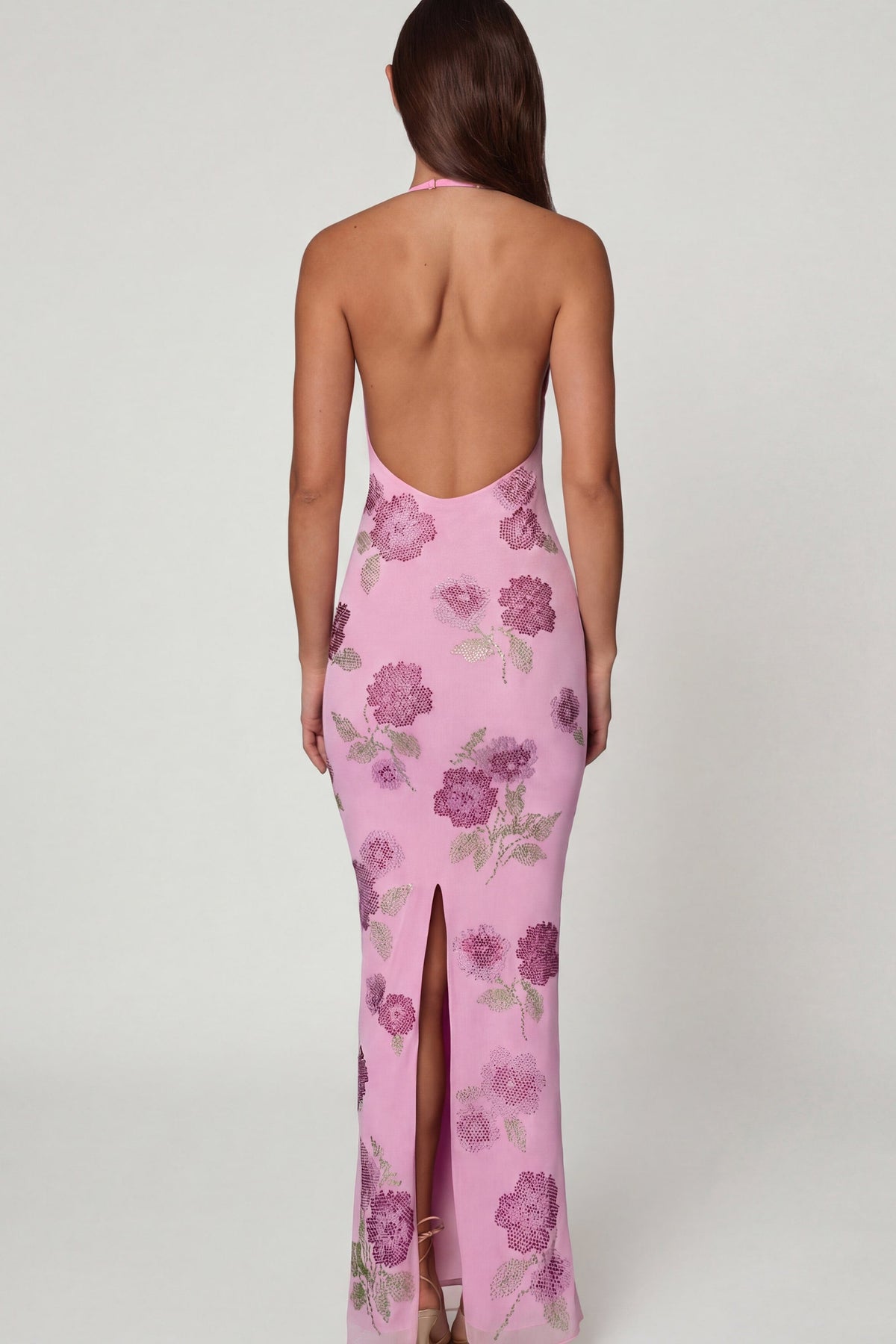 Embellished Halterneck Maxi Dress in Soft Pink