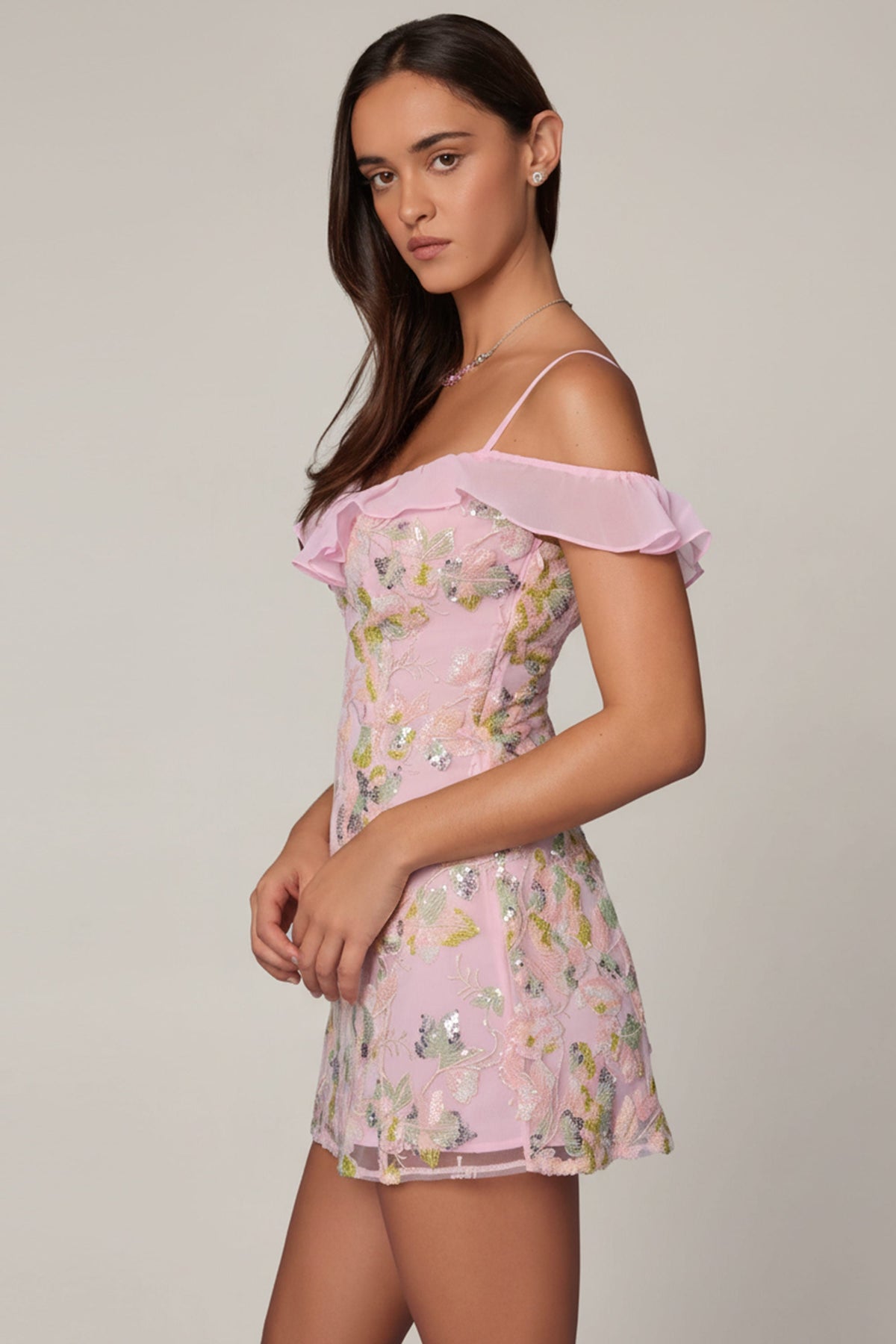 Embellished Lace-Up A-Line Mini Dress in Soft Pink
