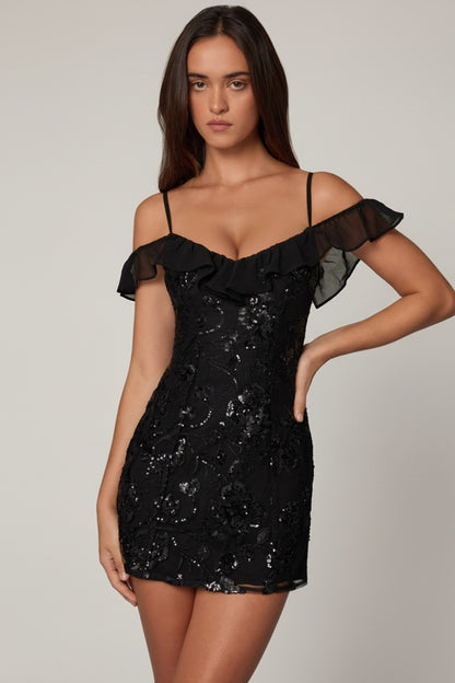 Embellished Lace-Up A-Line Mini Dress in Black