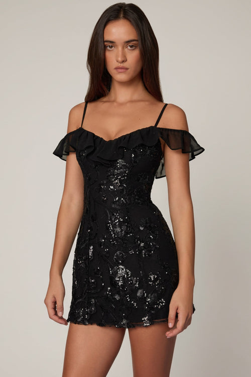 Embellished Lace-Up A-Line Mini Dress in Black