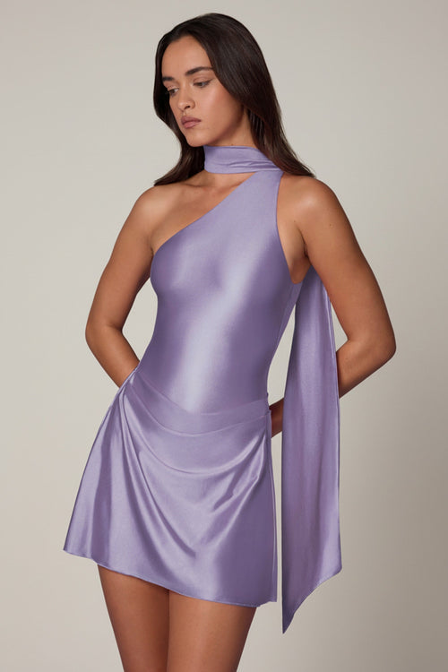 Asymmetric Scarf-Detail Mini Dress in Lilac