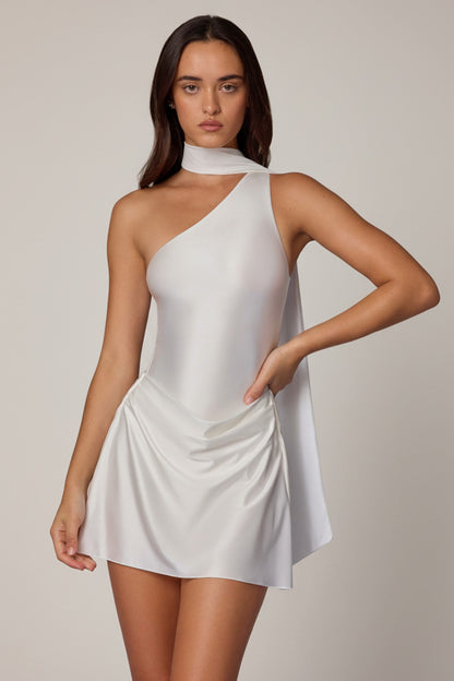 Asymmetric Scarf-Detail Mini Dress in White