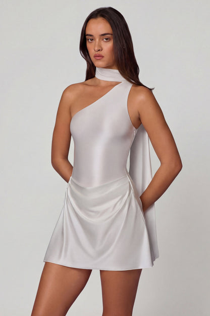 Asymmetric Scarf-Detail Mini Dress in White