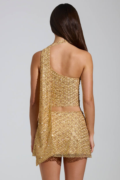 Embellished Asymmetric Scarf-Detail Top in Gold
