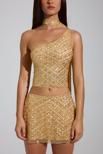 Embellished Asymmetric Scarf-Detail Top in Gold