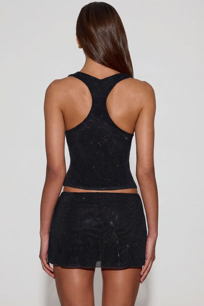 Embellished Jersey Scoop-Neck Racerback Top in Black