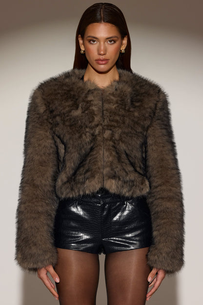 Cropped Faux-Fur Jacket in Chocolate Brown