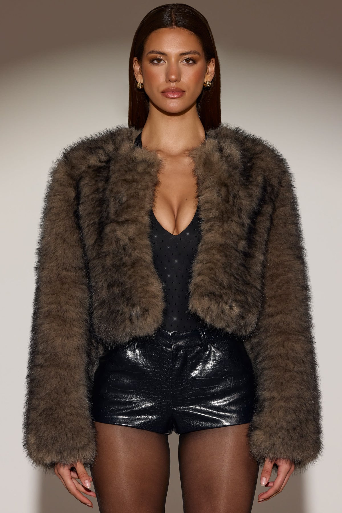 Cropped Faux-Fur Jacket in Chocolate Brown