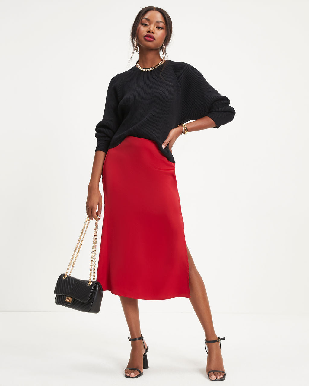 Everly Mine Matte Satin Side Slit Midi Skirt - Red