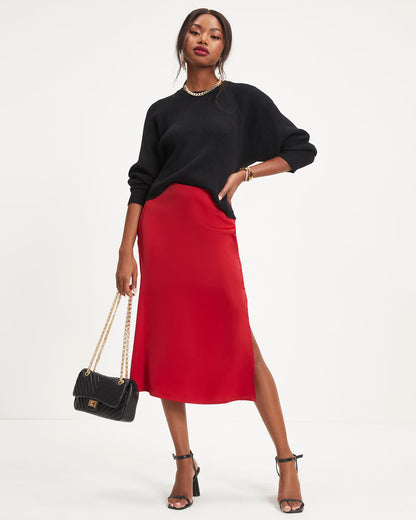 Everly Mine Matte Satin Side Slit Midi Skirt - Red