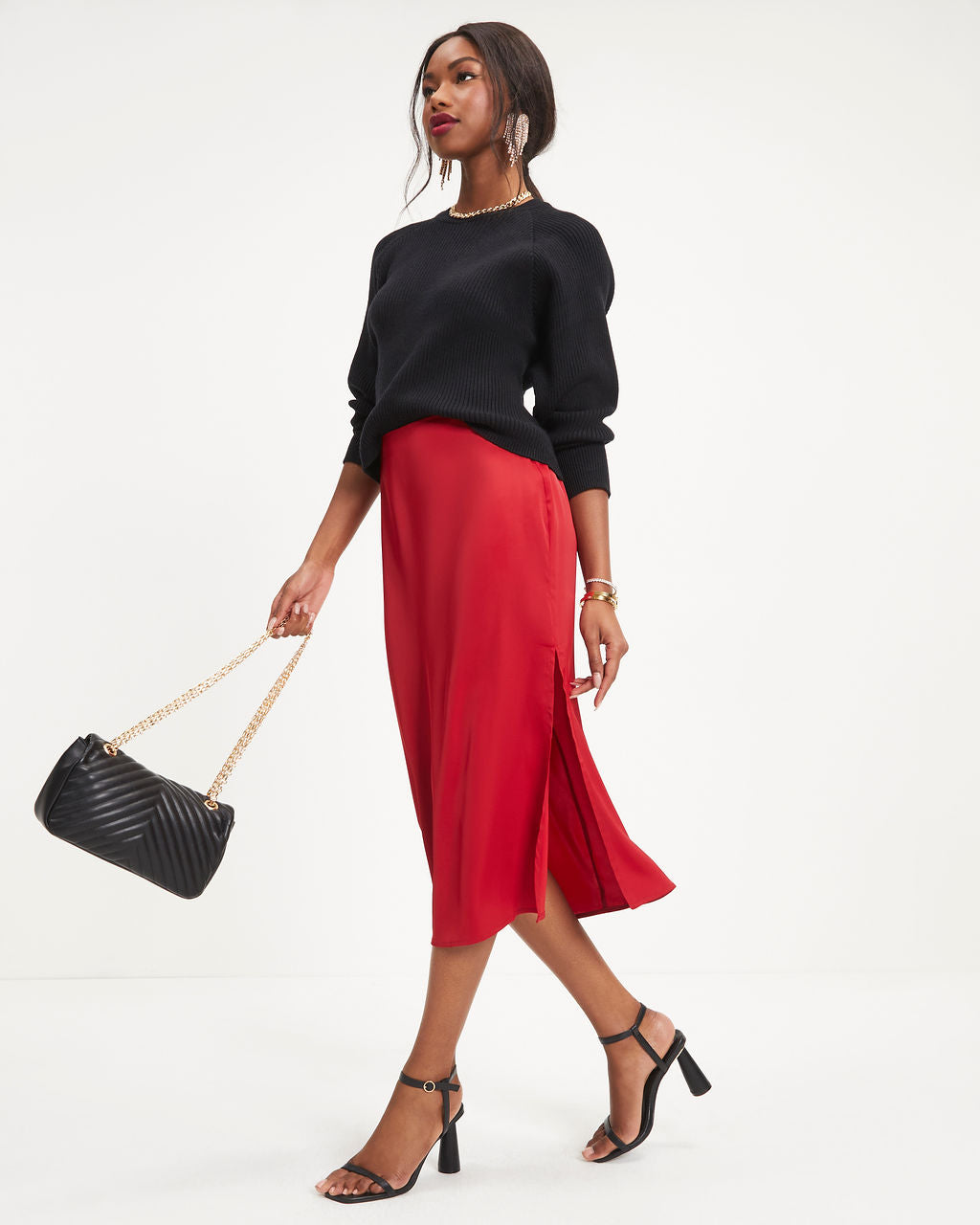 Everly Mine Matte Satin Side Slit Midi Skirt - Red