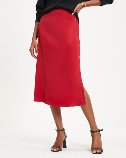 Everly Mine Matte Satin Side Slit Midi Skirt - Red