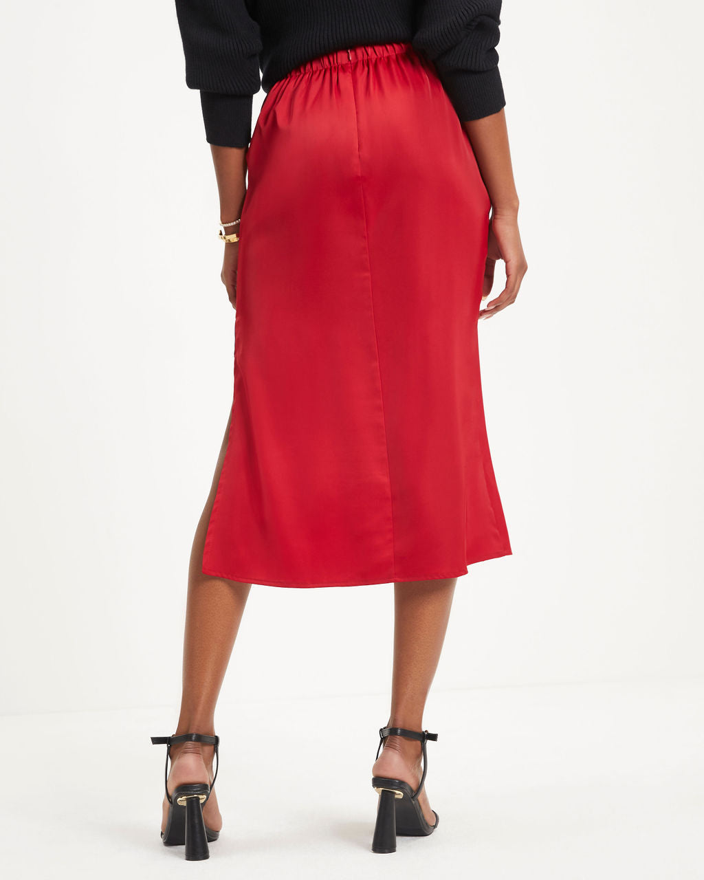Everly Mine Matte Satin Side Slit Midi Skirt - Red