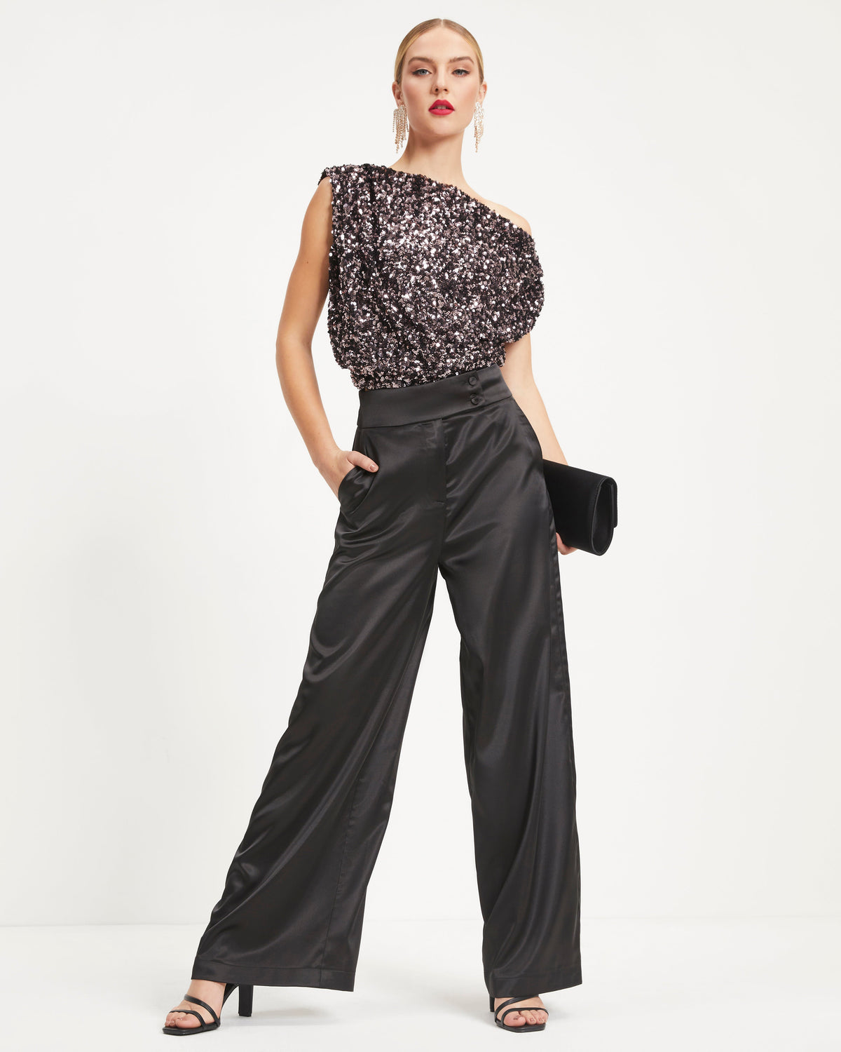 Ellis Satin Pocketed Wide Leg Pants - Black