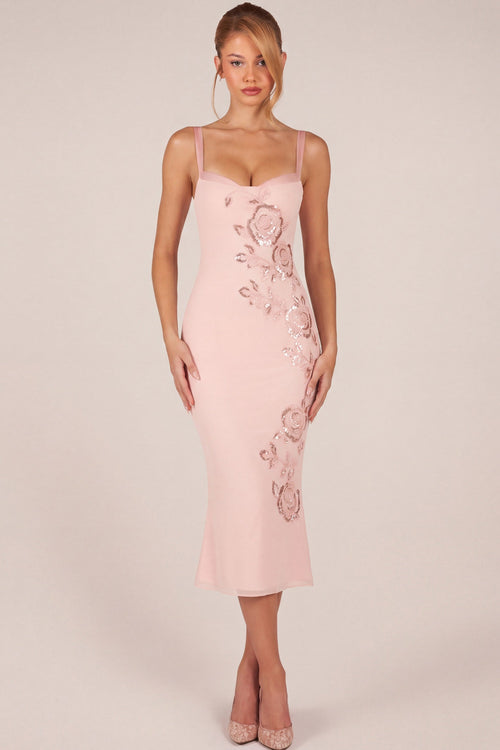 Embellished Peekaboo Fluted-Hem Midaxi Dress in Pink