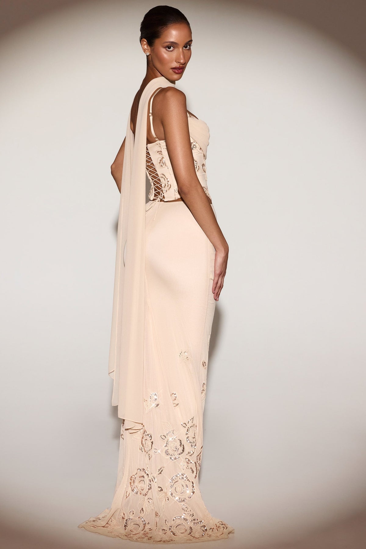 Embellished Draped Mid-Rise Gown Skirt in Gold