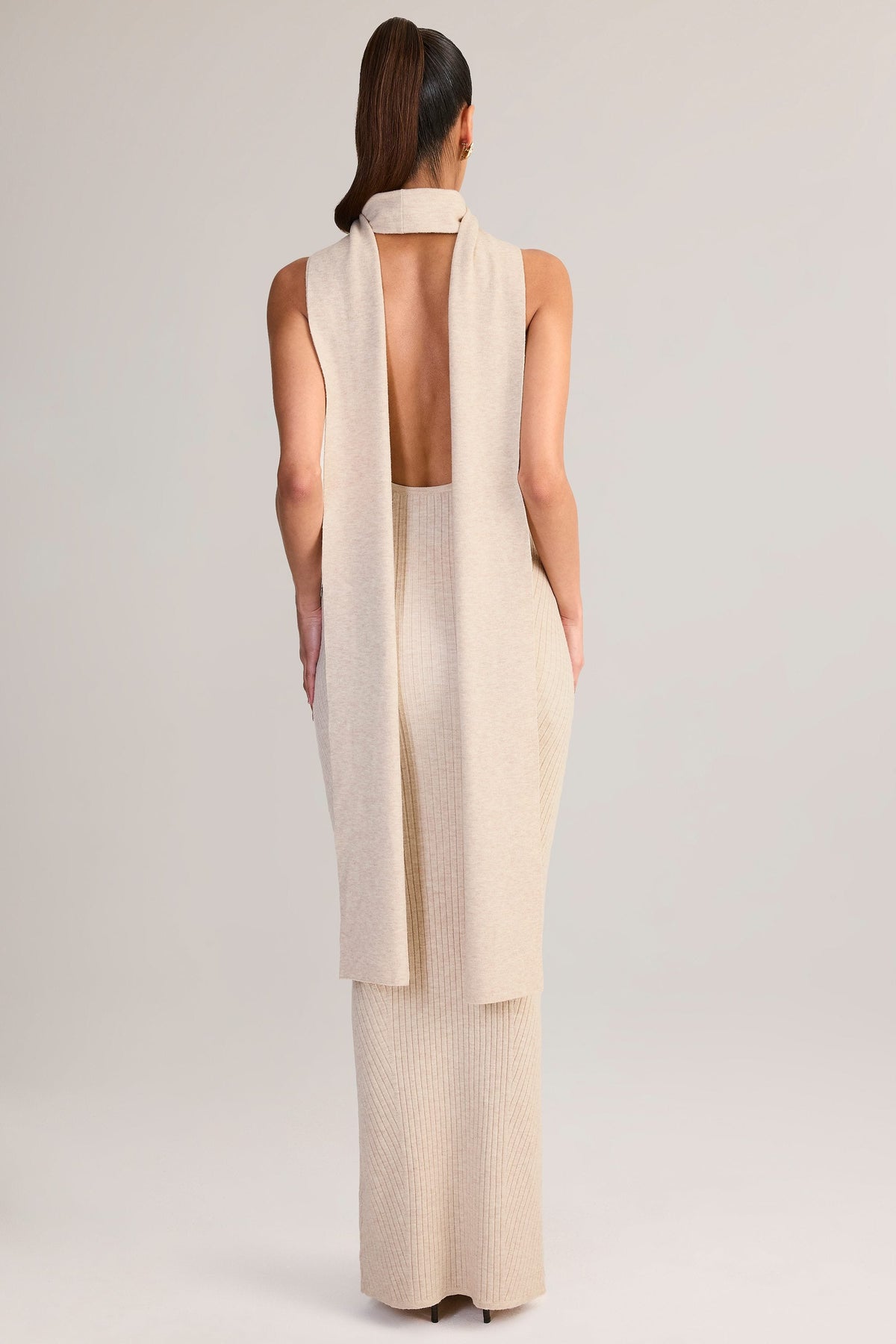 Rib-Knit Scarf-Detail Halterneck Maxi Dress in Cream