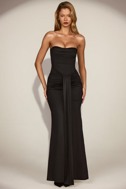 Satin Peekaboo Bandeau Draped Gown in Black
