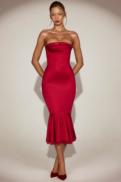Satin Lace-Trim Bandeau Fluted Midaxi Dress in True Red