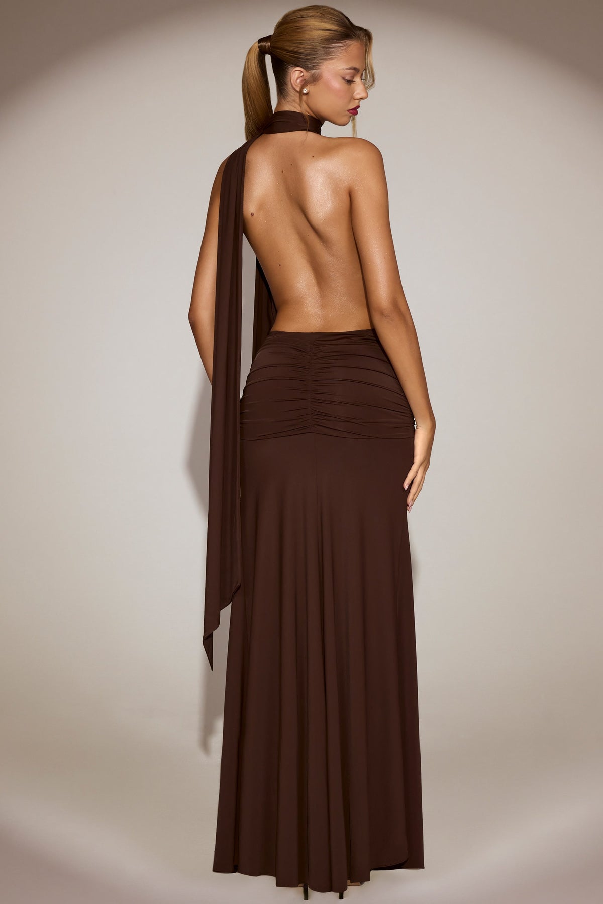 Soft-Jersey Plunge Halterneck Maxi Dress in Chocolate Brown