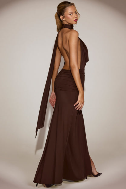 Soft-Jersey Plunge Halterneck Maxi Dress in Chocolate Brown